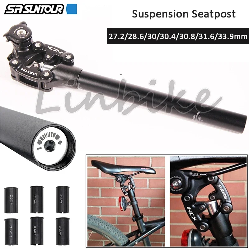 

SR Suntour NCX Bicycle Suspension Seatpost 30.8mm MTB Damping Seat Tube 27.2 28.6 31.6 33.9mm*350mm Dropper Seat Post with Bush