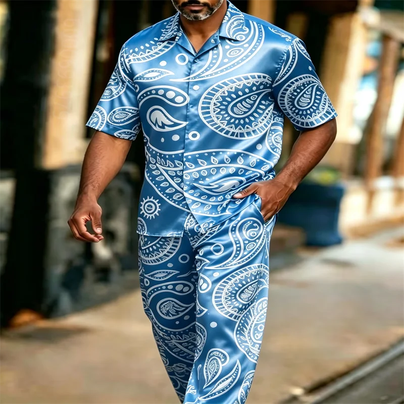 Men's Satin Paisley Print Two-Piece Set: Short-Sleeve Collared Shirt & Trousers – Vintage Ethnic-Style Casual Outfit