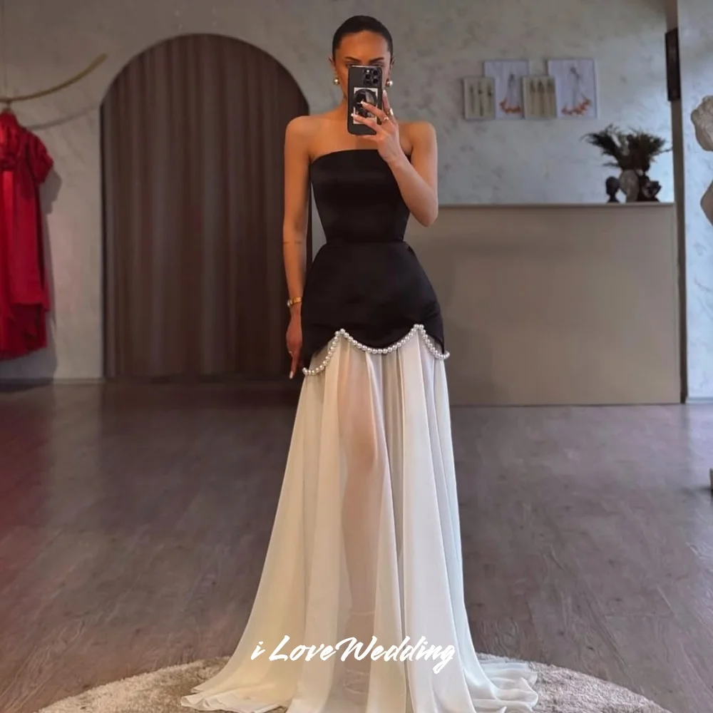 

Black Strapless Evening Dresses 2025 Satin Chiffon Beaded Sleeveless Backless A Line Floor-Length Wedding Party Dress Customized