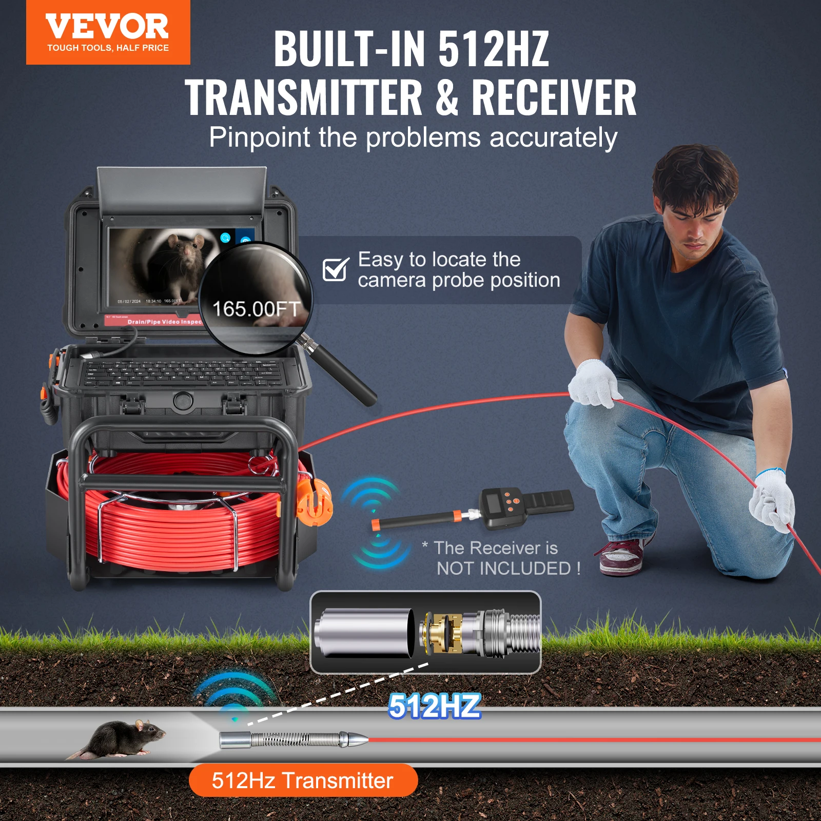 VEVOR Sewer Camera, 50m, Self-Leveling Drain Camera w/10.1