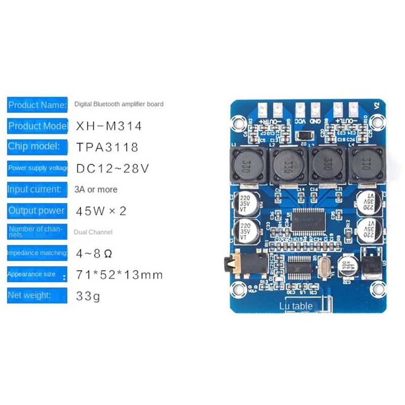 XH-M314 Bluetooth Digital Power Amplifier Board TPA3118 Dual 45W Audio Module AUX Decoding