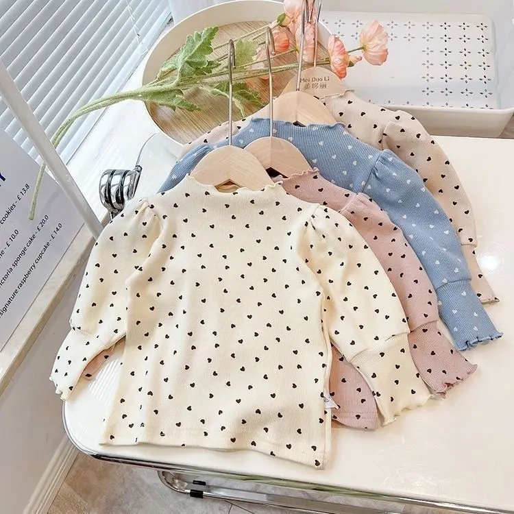 Korean Children's Baby Half High Neck Bubble Sleeve Long Sleeved T-shirt for Girls' Spring Autumn Base Top Kids Clothes