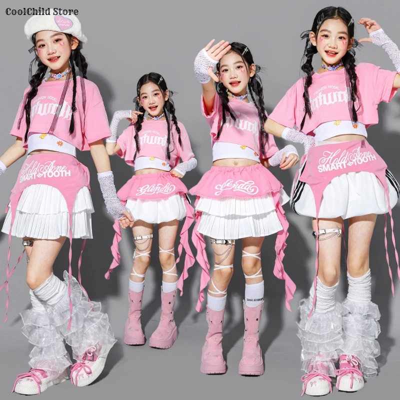Hip Hop Girls Pink Crop Top Street Dance Layered Skirt Kids K-pop Streetwear Children Jazz Costume Sweet Girl Group Clothes Sets