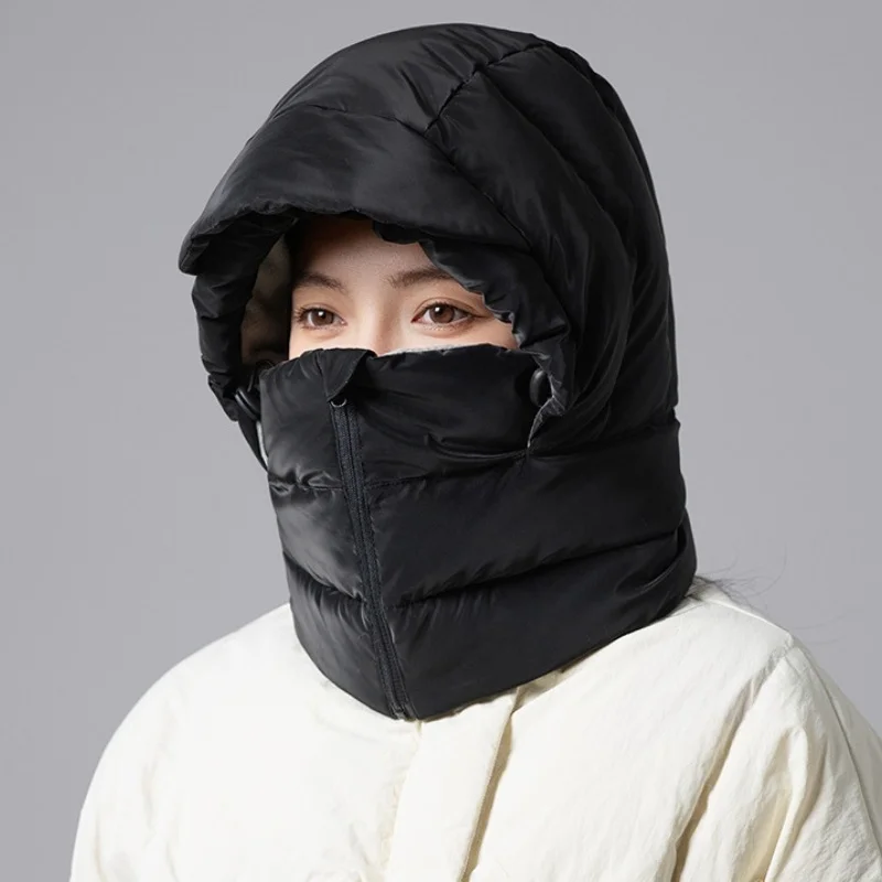 

Down-filled Cotton-Lined Fleece Hat with Neck Warmer Face Cover and Integrated Hood Unisex Winter Outdoor Cycling Skiing Hat