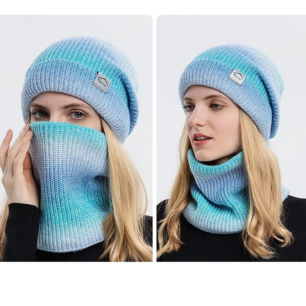 Gorro de lana de punto cálido, protección para los oídos, gradiente, gorro grueso, conjunto de bufanda, invierno, nuevo