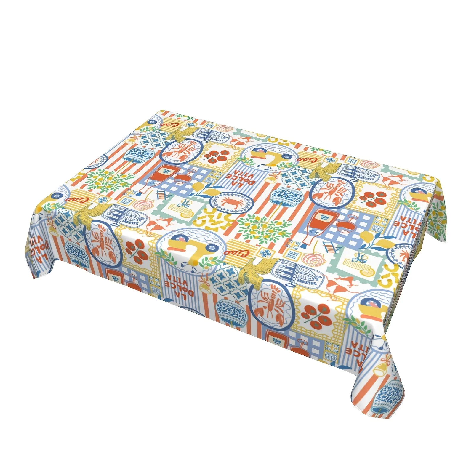 Italian multi-color collage coastal print tablecloth, 