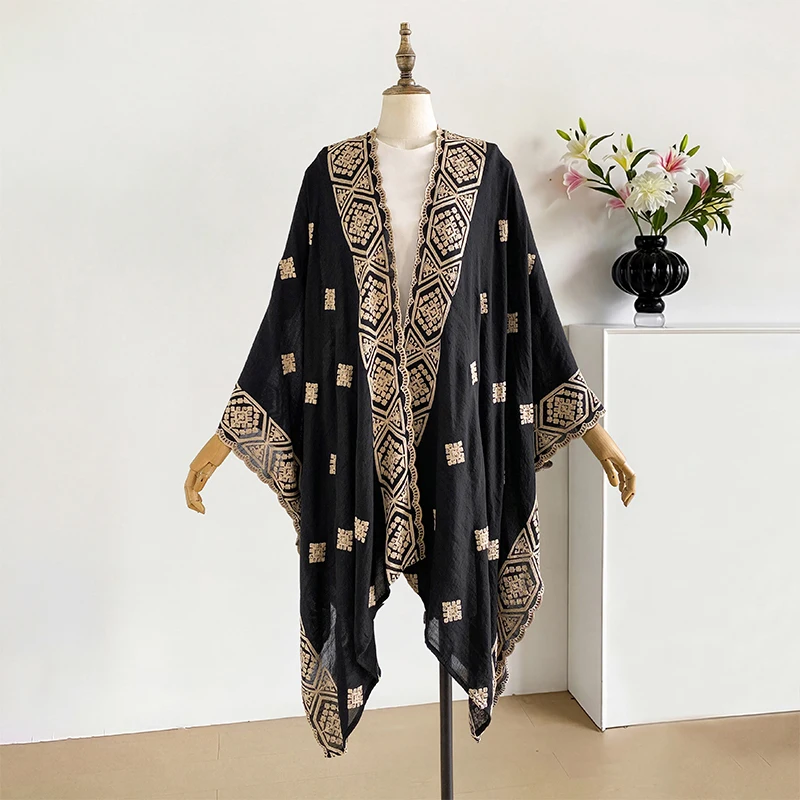 

Summer Embroidered Cardigan Women's Boho Kaftan Beach Outfit Loose Elegant Party Dress Swim Cover up Holiday Maxi Kimonos
