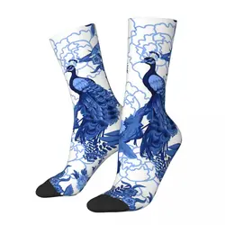 Funny Happy Men's Socks Delft Blue Chinoiserie Fengshui Oriental Garden With Peacocks Hip Hop Pattern Crew Crazy Sock Gift