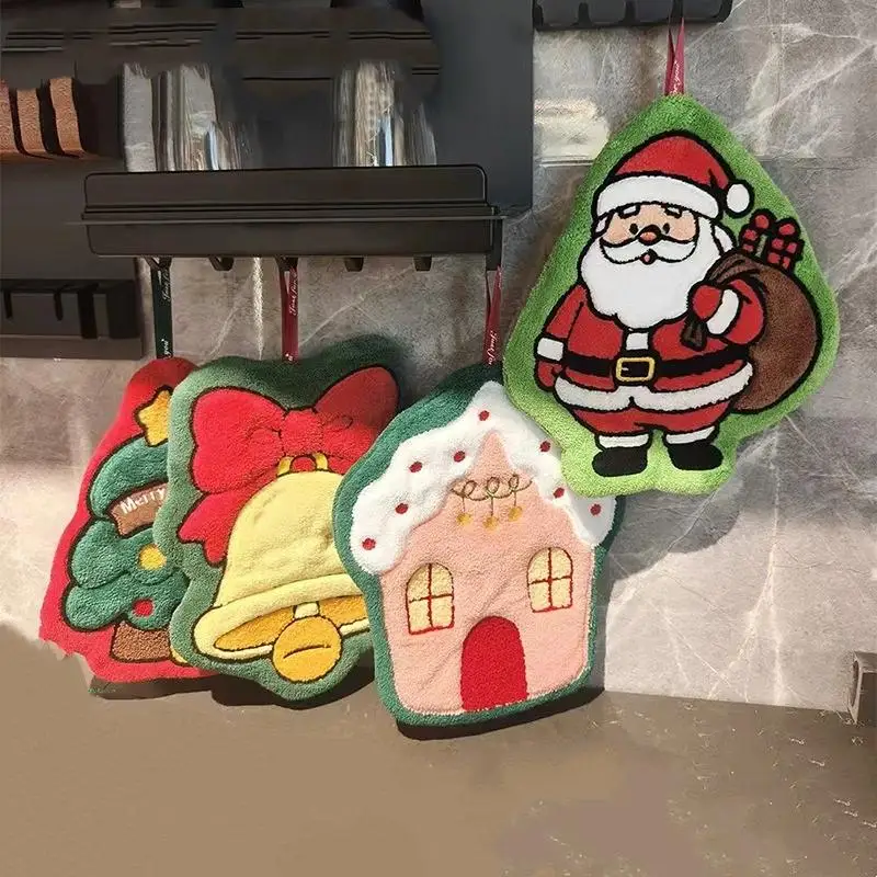 Cute Cartoon Christmas Hand Towels Durable Coral Fleece Absorbent for Bathroom Kitchen Daily Household Use