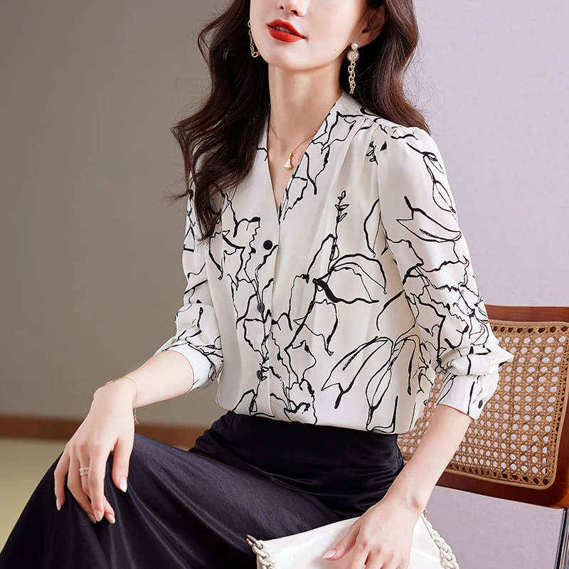 Women Korean Fashion Abstract Graffiti Print Chic Shirts Office Lady Elegant Commute Blouse Casual V Neck Long Sleeve Loose Tops