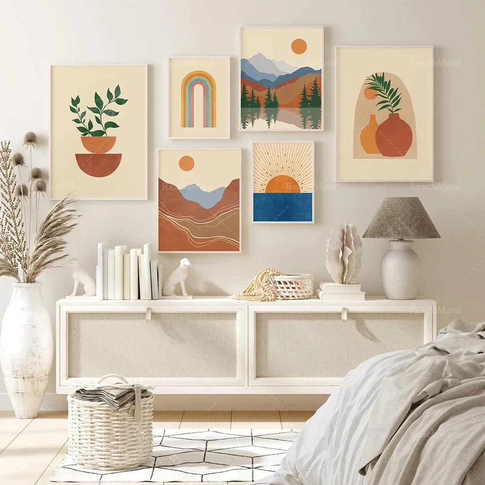 Bohemian gallery wall 6 prints, abstract bohemian printable wall art, terracotta navy mustard print, mid-century modern decorati