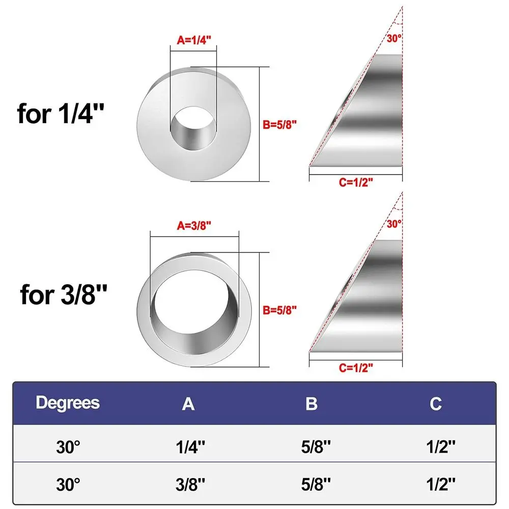 الفولاذ المقاوم للصدأ درابزين كابل أطراف الدرج 1/4 "3/8" ID زاوية الفضة زاوية مشطوف غسالة 30 درجة درابزين كابل بزاوية غسالة
