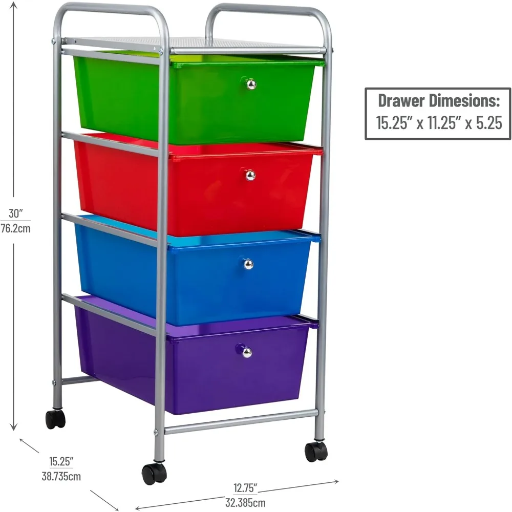 Multi-Color Rolling Utility Cart with 4 Drawers, Metal Frame Craft Storage for Kitchen Office, 12.75x15.25x30 Inches