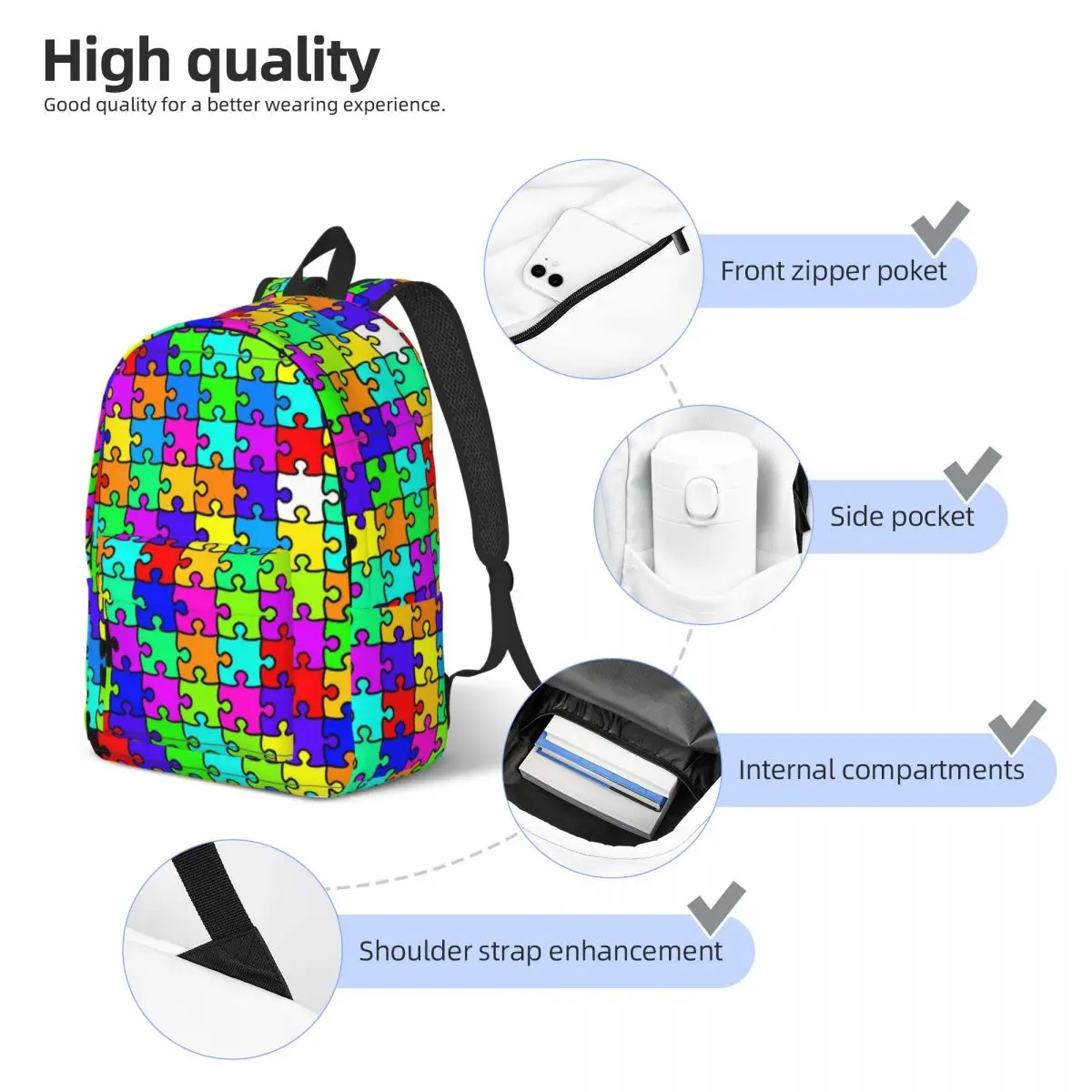 Mochila Color Puzzle para Homens e Mulheres, Sacos de Lona Legal, Estudante, Caminhada, Viagem, Laptop, Computador, Presente