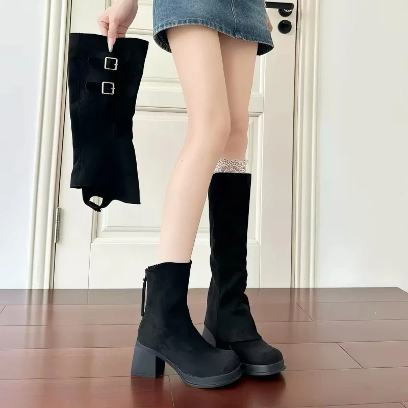 Detachable Two-Way Women's Short Boots Long Tube Boots 2025 New Autumn Winter Thick Heel Velvet Surface Slim Booties