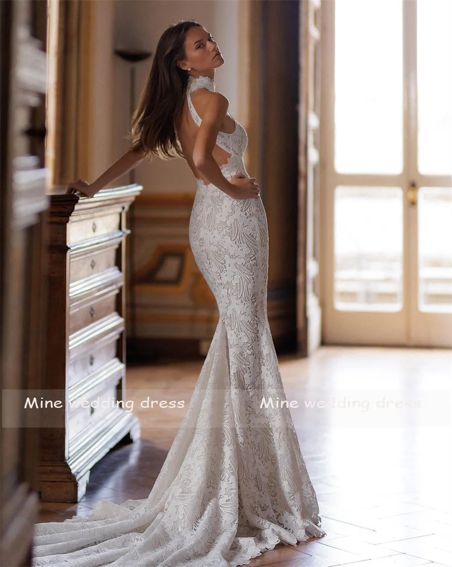 halter neck backless wedding dress Zapaka Women White Church Wedding Dress Mermaid Halter Open Back Floor Length Bridal Dress, White / US8