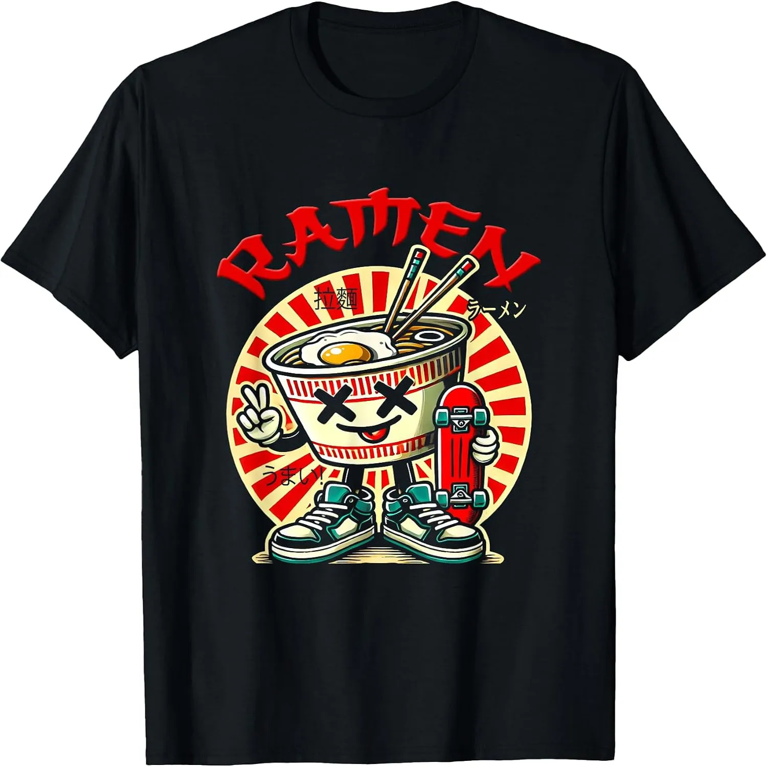 Japanese Ramen Bowl Skateboard Cartoon Character Retro Sunburst Graphic T-Shirt