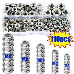 110pcs/Box DIN6923 Flange Nut Hex Hexagon Serrated Spinlock Lock Nut Set Mix Size M3 M4 M5 M6 M8 Assortment Kit