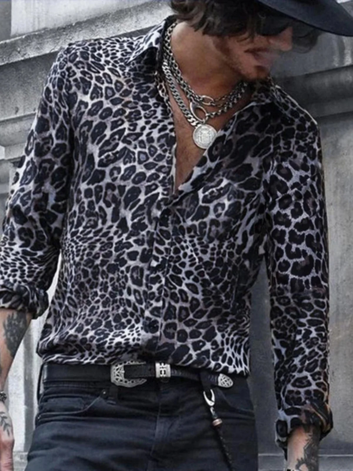 

Loose Long Sve Leopard Print irt Men's Faion Casual Sle Autumn Wear 00% Other Material Zipper Closure Regular Length