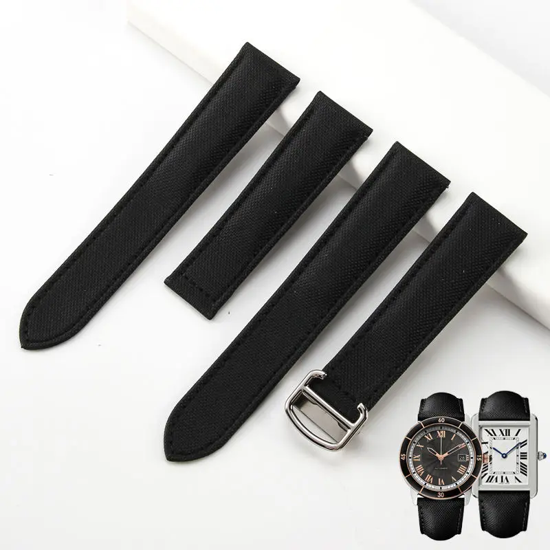 Nylon Watch Strap for Cartier Tank Must Black Knight London Waterproof Sweat-Proof Canvas Watchband Accessories 18mm 20mm