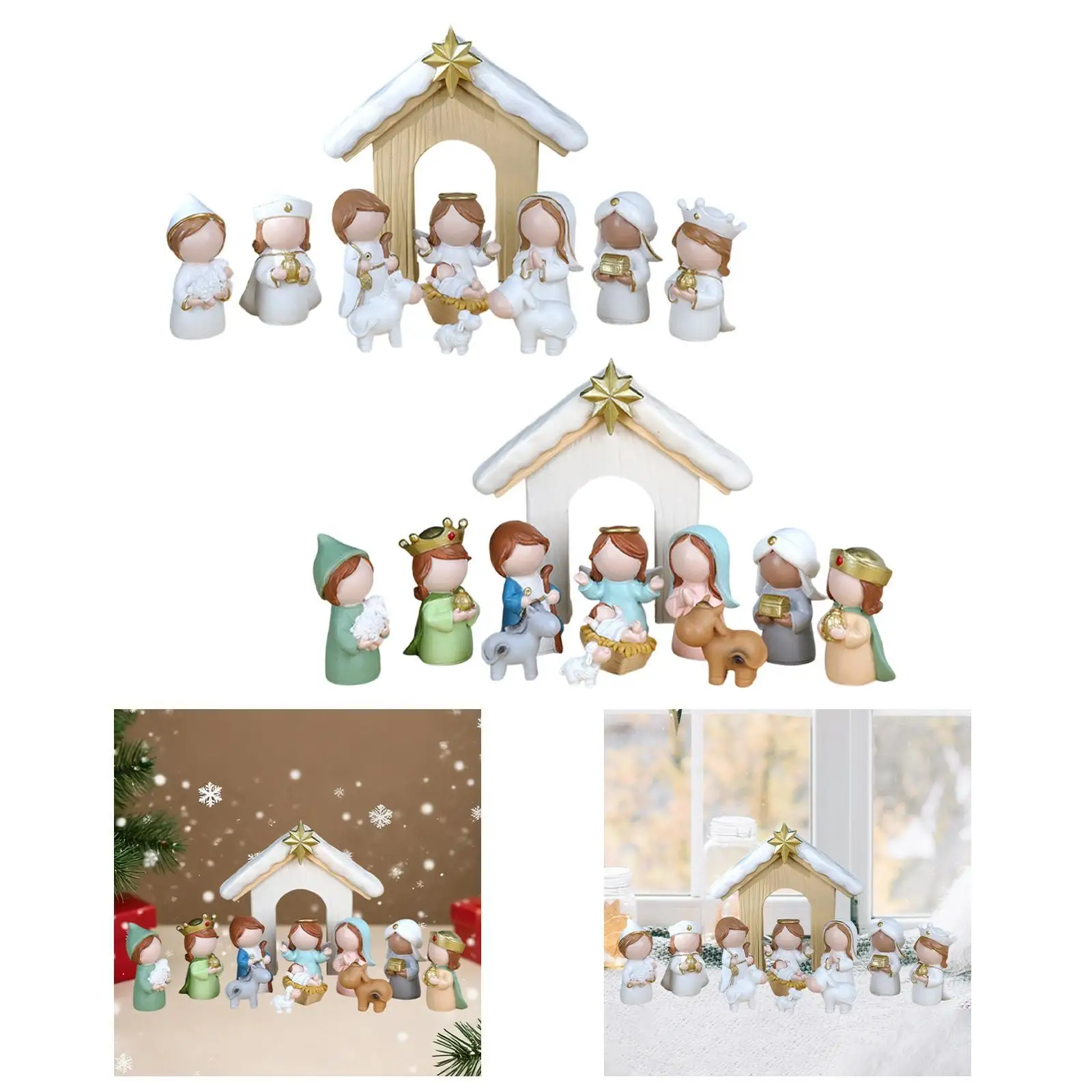 12 Pieces Cartoon Christmas Nativity Figurines Set for Shelf Mantel Decor Handcrafted Lightweight Xmas Decoration Resin Craft