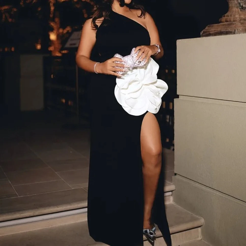 فستان نسائي طويل بكتف واحد بدون أكمام ثلاثي الأبعاد مزين بالزهور 2025 فساتين حفلات مثيرة لقضاء العطلات وأعياد الميلاد