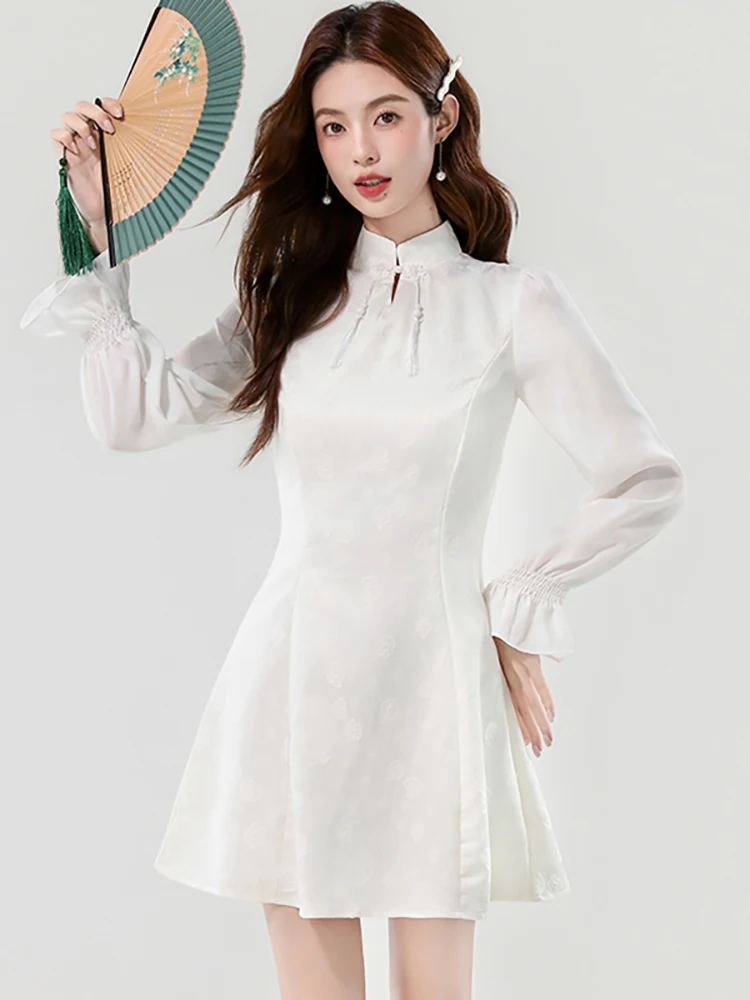 

Women Elegant Casual Holiday Dress Autumn Winter White Jacquard Long Sleeve Stand Collar Dress 2025 Korean Bodycon Evening Dress