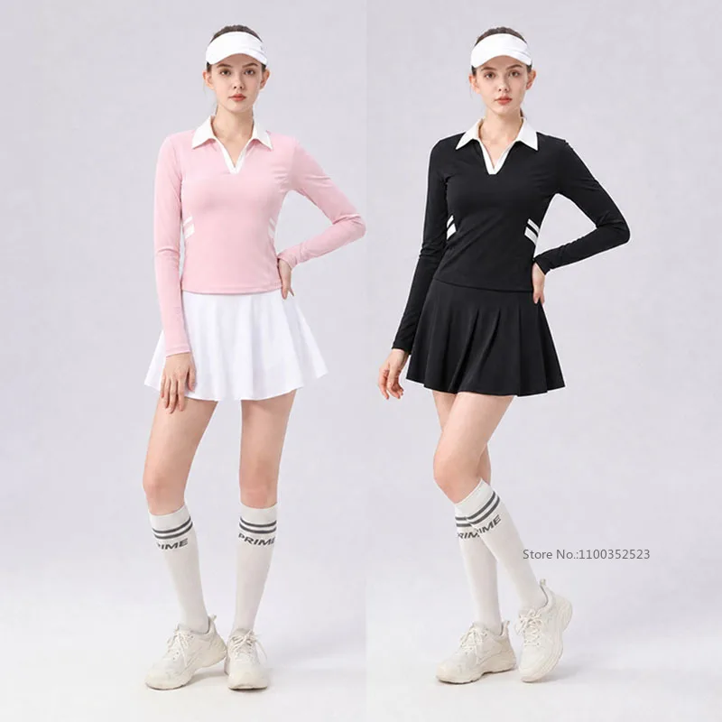 Women A-line Tennis Skirt Sports Fitness Golf Badminton Skort Ladies Polo V-Neck Leisure Tops Long Sleeve Breathable Yoga Shirts