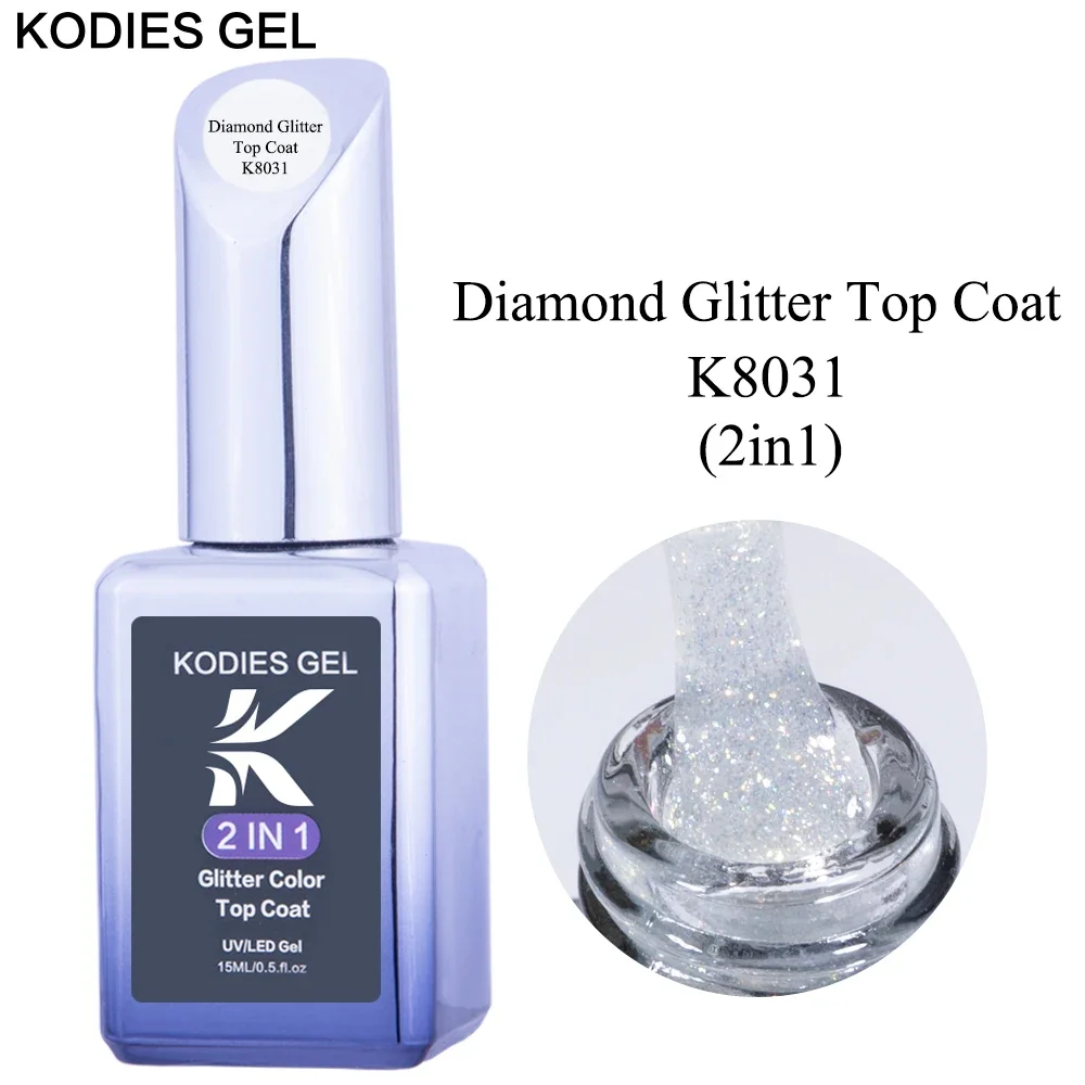 KODIES GEL Diamond Top Coat for Nail Varnish 15ML Super Shine UV Gel Nail Polish Soak Off Semi Permanent Glitter Topcoat No Wipe