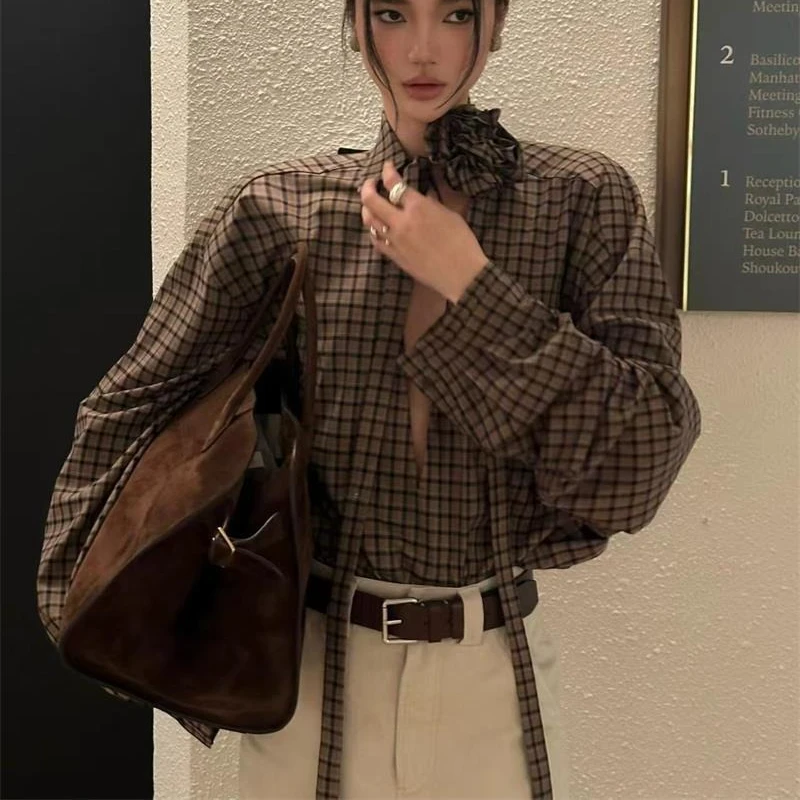 

Deeptown Plaid Vintage Women Shirts Elegant Lace Up V Neck Long Sleeve American Style Blouses Loose Casual Aesthetic Commute