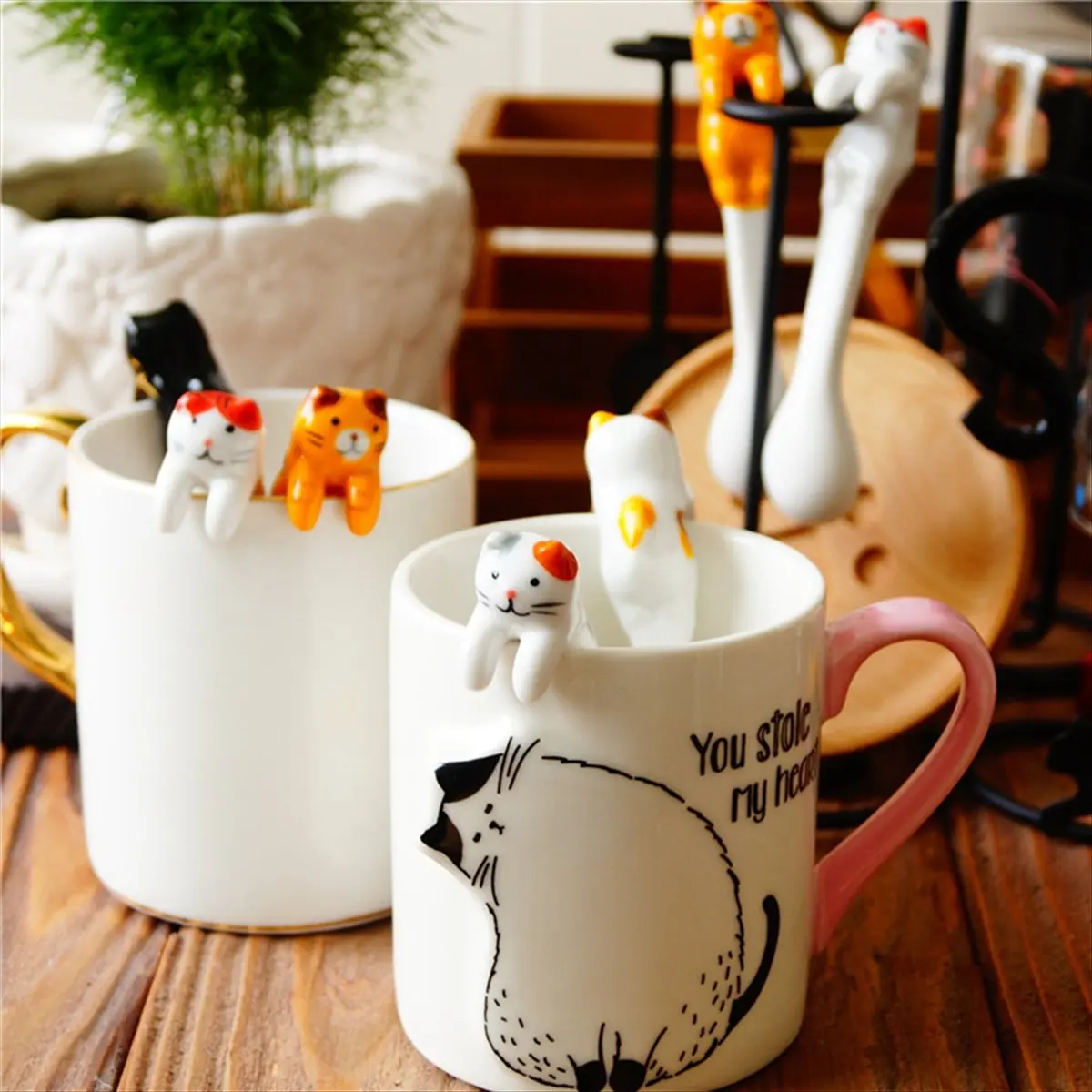 N14R Top Cute Animal Spoon Hanging Coffee Dessert Spoon Ceramic Cartoon Cat Spoon Cat Hanging Spoon Kitchen Tools B