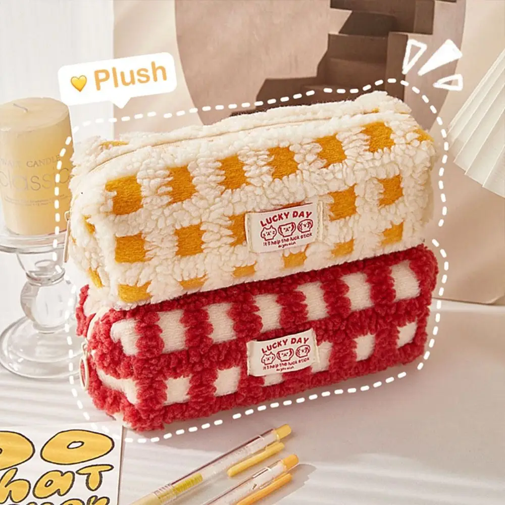 INS Style Plush Plaid Pencil Case Soft Quilting Seam Student Stationery Bag Large Capacity Stationary Storage Pouch