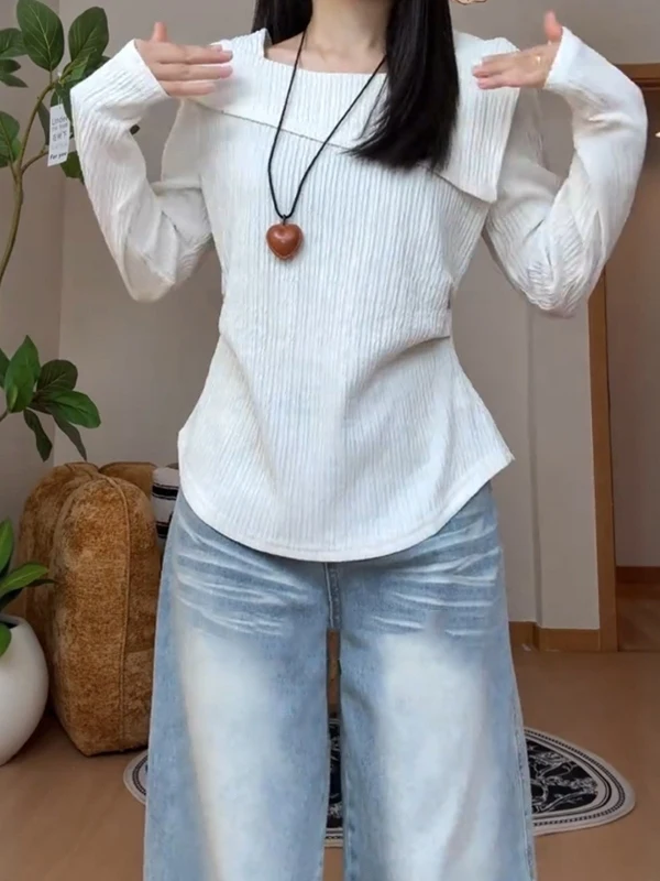 plus Size Asymmetrical Long Sleeve T-Shirt Women's Base Shirt Fall Season Hide Meat Design Waist Control Slimming Top