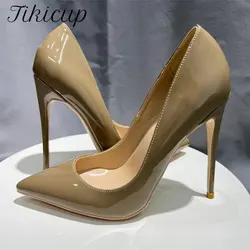 Tikicup Glossy Khaki Women Pointy Toe High Heel Shoes Classic Elegant Slip On Formal Stiletto Pumps OL Uniform Suit Dress