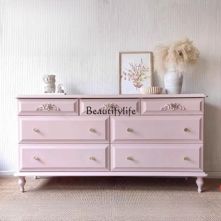 Z.Solid wood carving flower porch TV cabinet modern simple pink storage bedroom locker