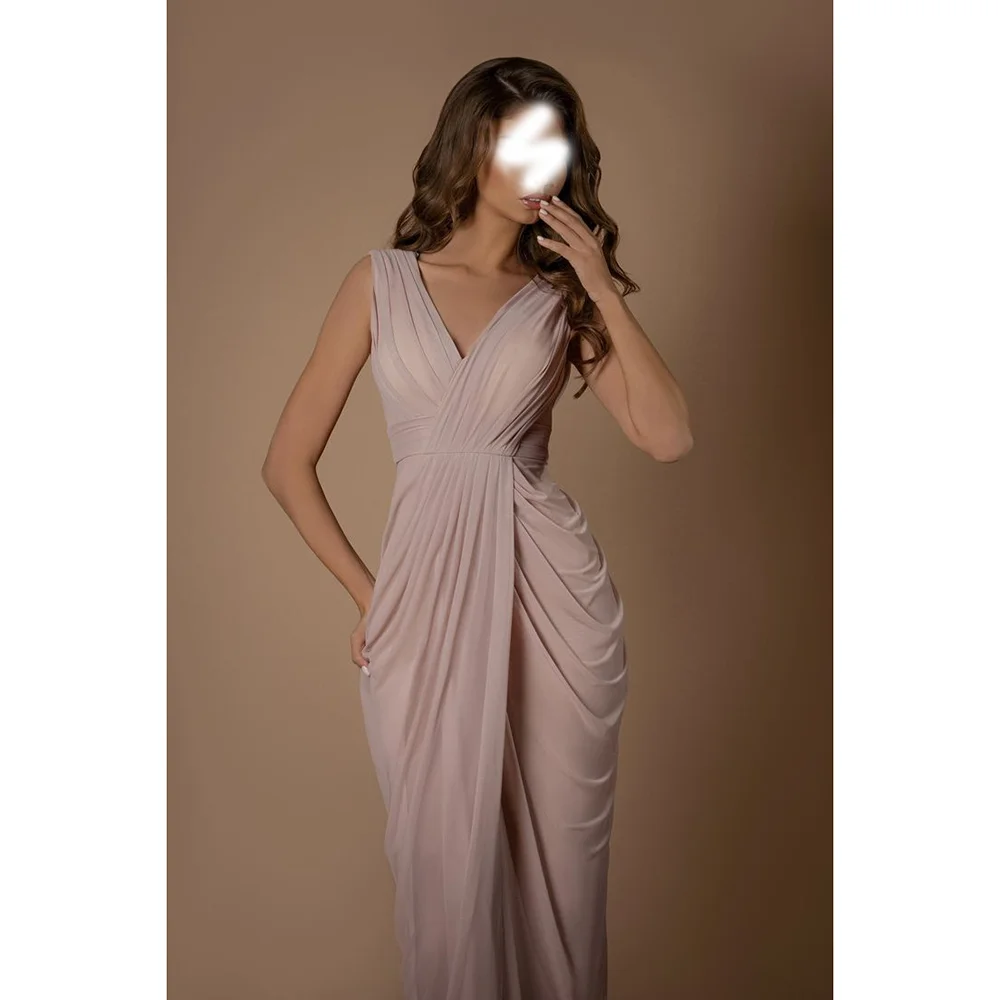 

Pink Elegant V Neck Sleeveless Mermaid Pleat Long Evening Dress For Women Formal Occasions Dresses Simple Summer Dress