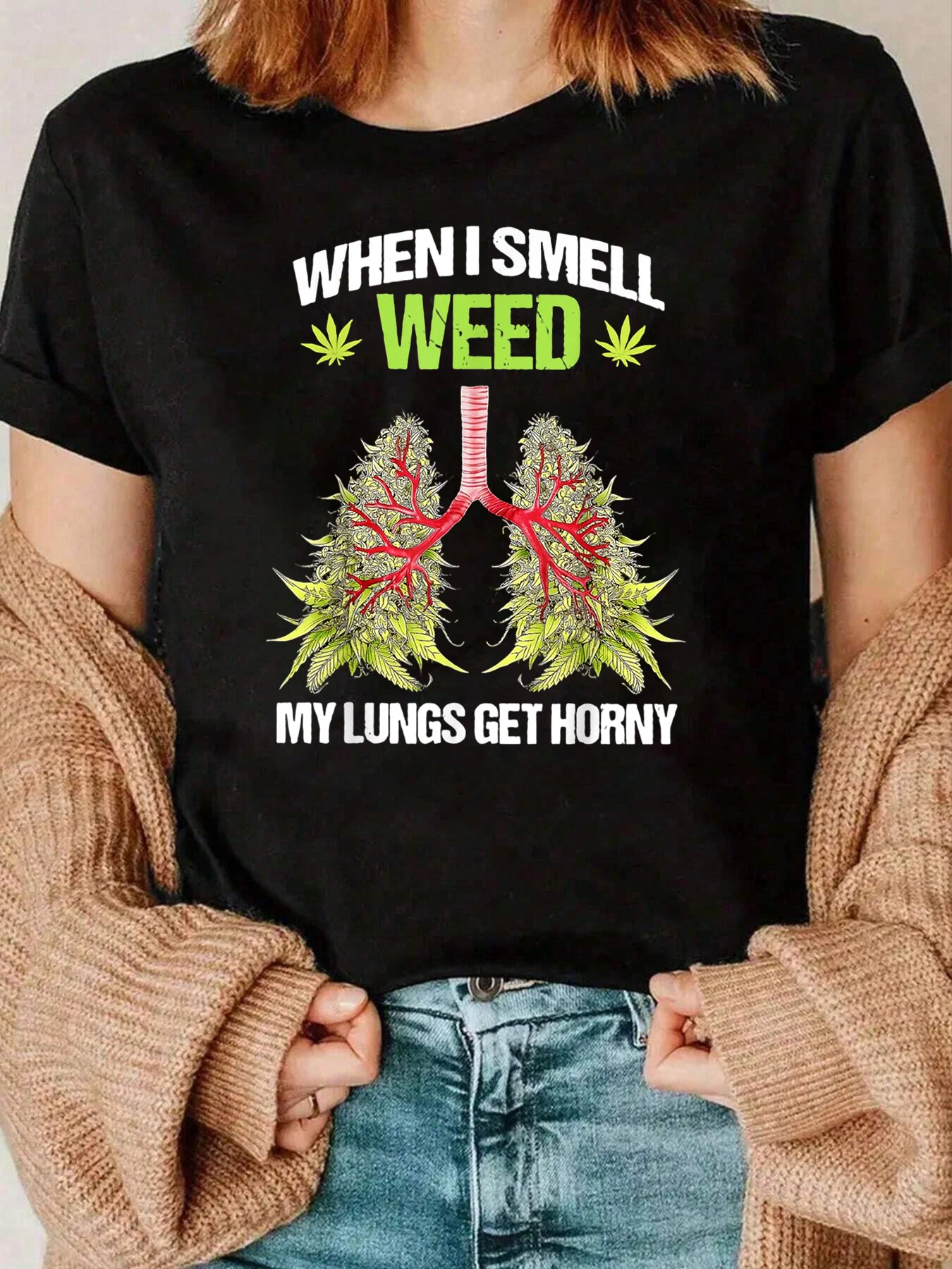 Weed Smell Lungs Get Horny Stampa T Shirt Halloween Abbigliamento casual Donna 220g