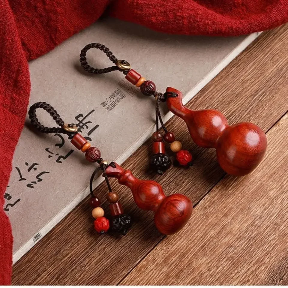 Rosewood Small Gourd Ins Keychain High-grade Pendant Chain Handmade Braided Rope Decoration Vintage Wood Carved Lucky Charms Car