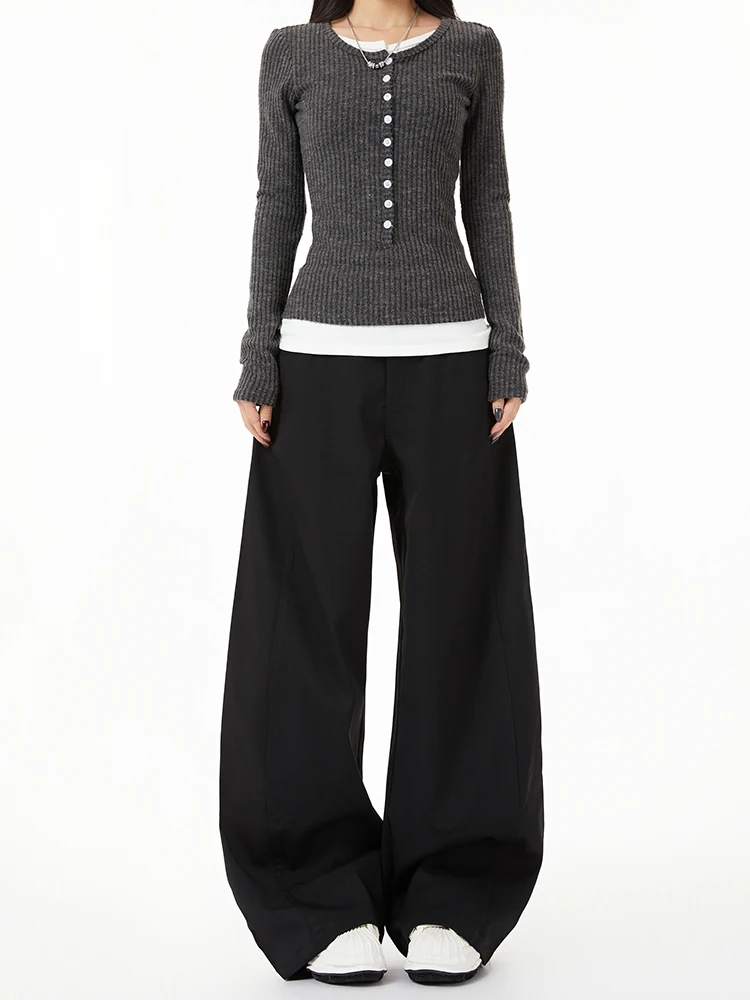 

Американские женские свободные брюки-костюмные штаны с широкими штанинами, черные, повседневные, в пол, удобные, дышащие, с высокой талией