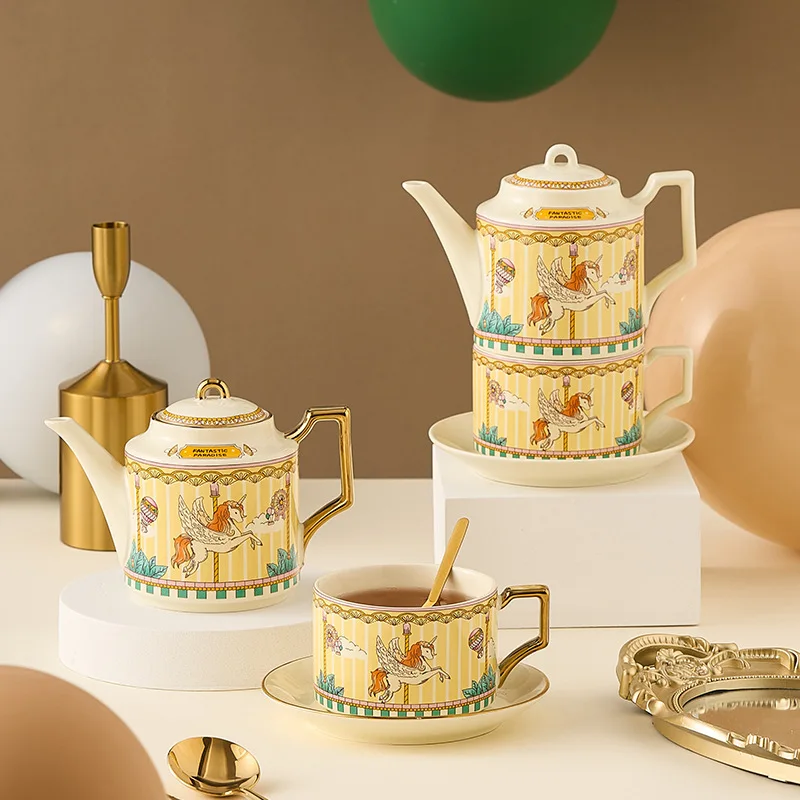 

Ceramic Teaware Sets Teapot Teacup & Saucer and Spoon Carousel Pattern Stackable English Afternoon Tea Set for Household Gifts