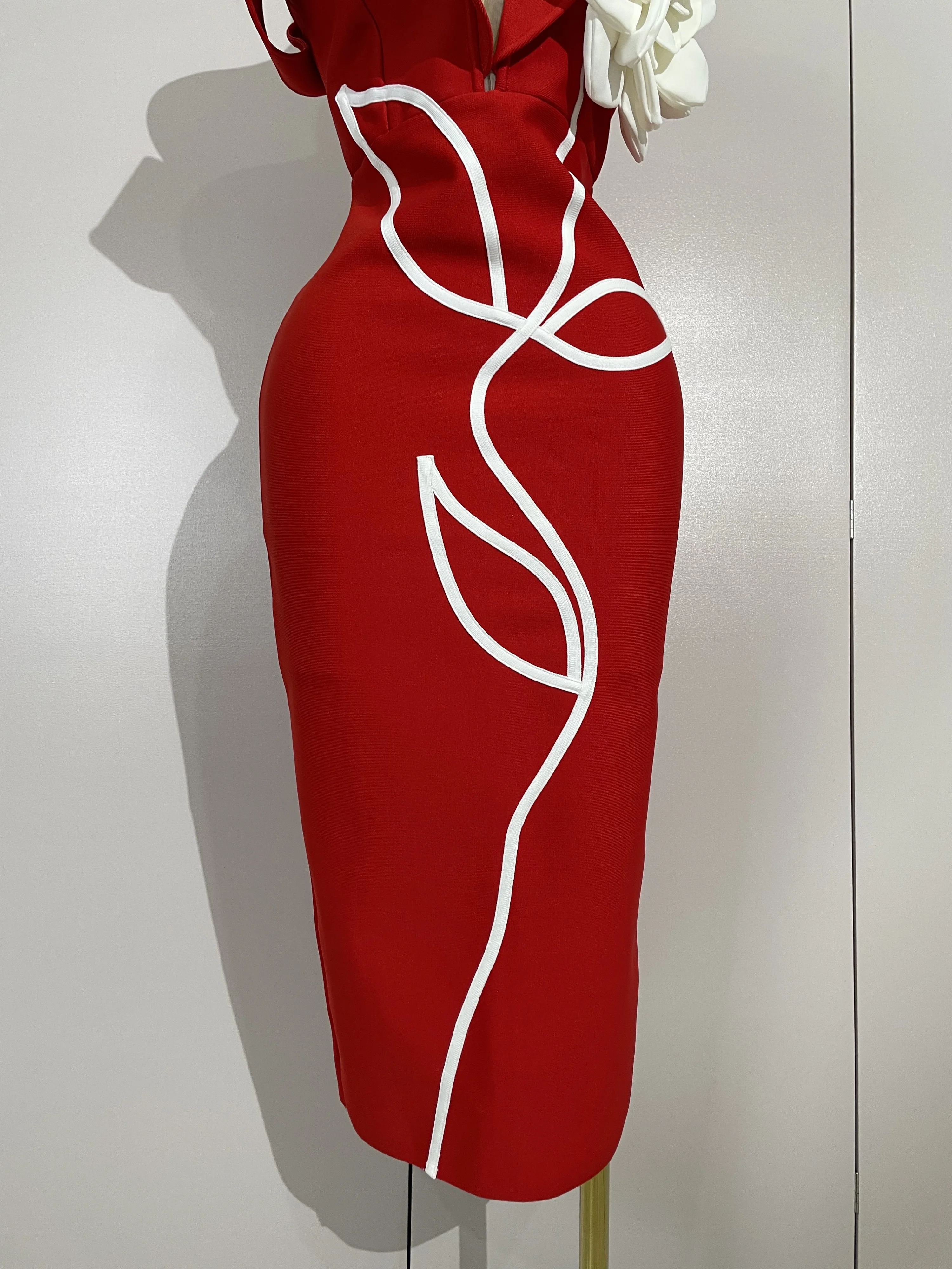 مثير قبالة الكتف زهرة بيضاء أسود أحمر Bodycon ضمادة فستان طويل المرأة الفاخرة المشاهير مساء نادي أنيقة رداء حفلات #6