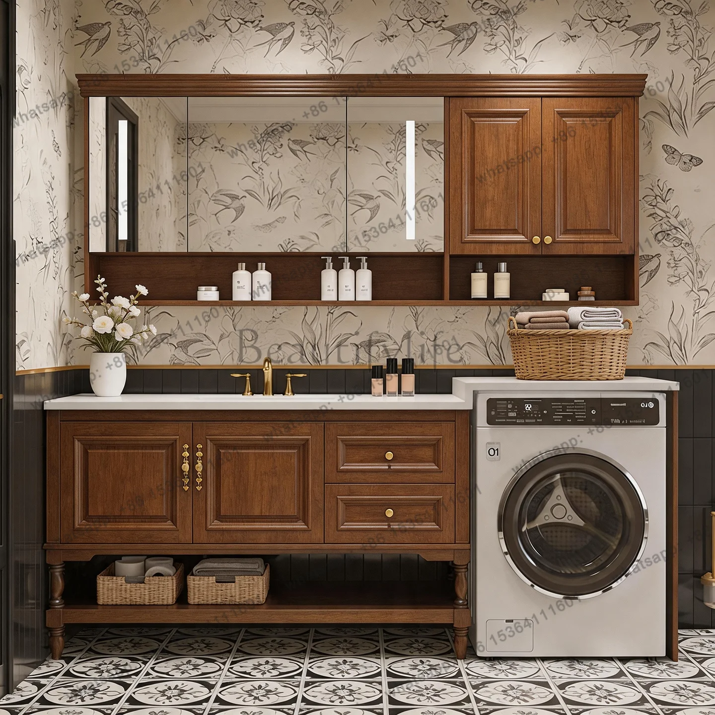 PJ American washing machine integrated cabinet balcony oak washstand cabinet combination
