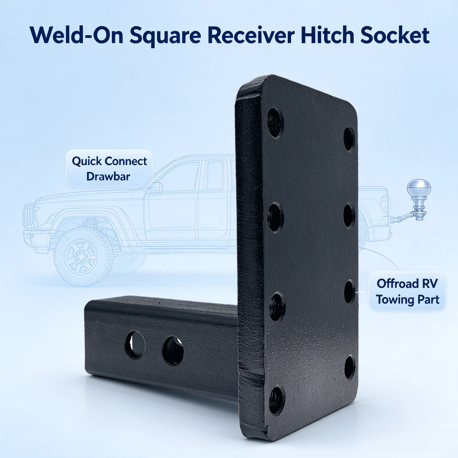 Weld-On Square Receiver Hitch Socket, Quick Connect Drawbar Trailer Hitch Ball Mount, Offroad RV Towing Modification Parts