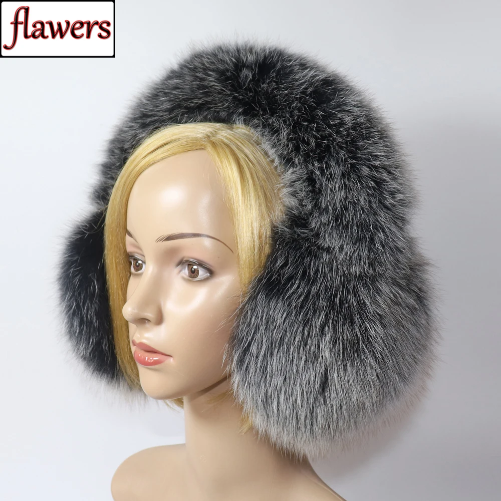 New Fashion Women Fluffy 100% Genuine Real Fox Fur Earmuffs Winter Warm Full Leather Fox Fur Ear Muffs Luxury Fox Fur Earflaps