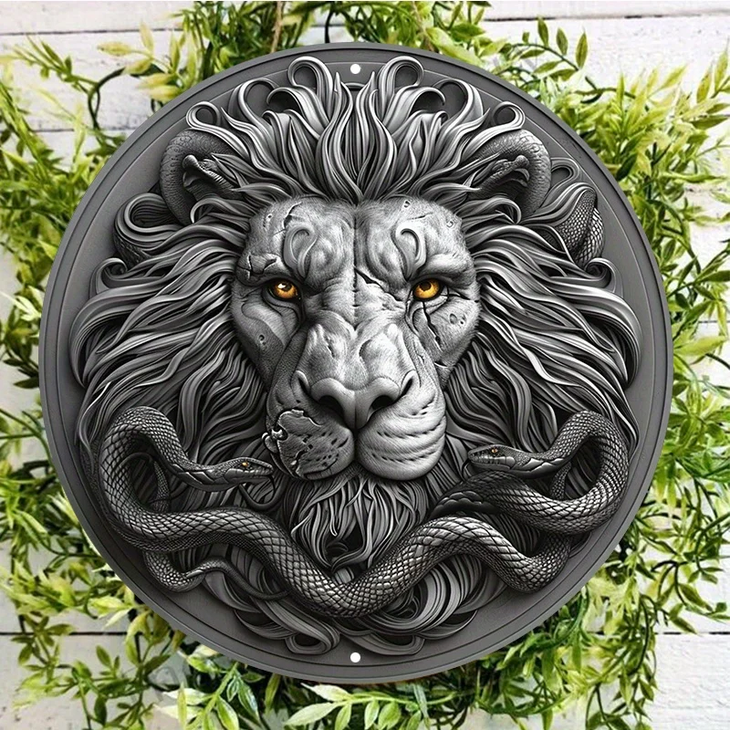 Aluminum Lion Head Wall Art with Snake Detail, Weather-Resistant HD Print Metal Door Hanger, Pre-drilled Elegant Round Sign