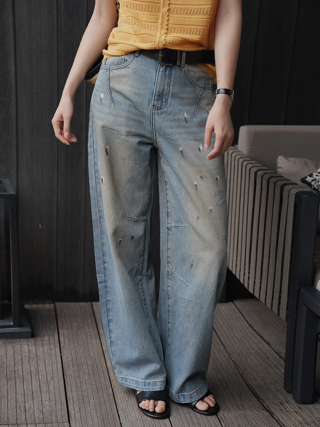 

Retro American Painted Knife Wide Leg Jeans Women Loose Fit Slimming Denim Pants Spring Summer New Style Aotuxiu