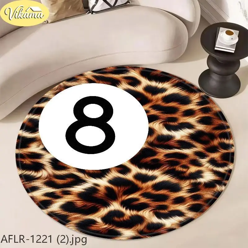 VIKAMA Round Rug Beige Leopard Print 8 Ball Pattern Decorative Absorbent For Living Room Bedroom Gaming Room Decor