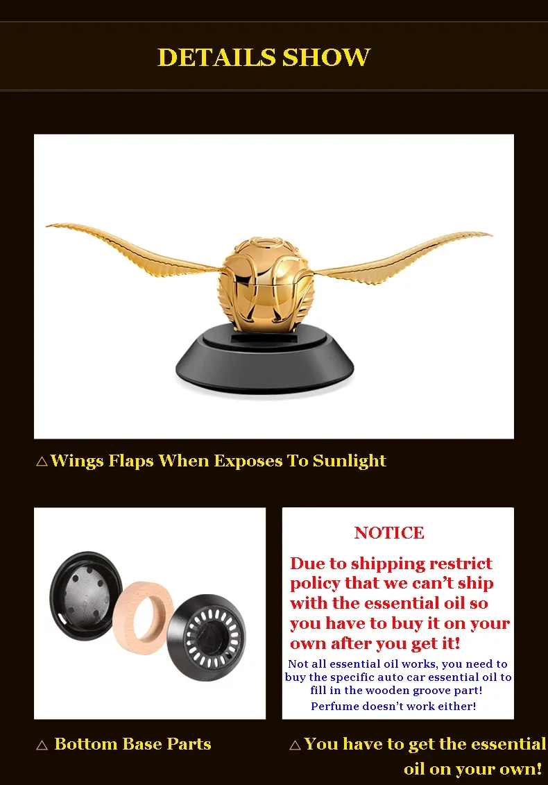 HP Potters Angel Wing Cosplay Gold Color Snitch Ball Car Air Freshener Auto Accessories Collectible Model Toy Figurine Men Gifts