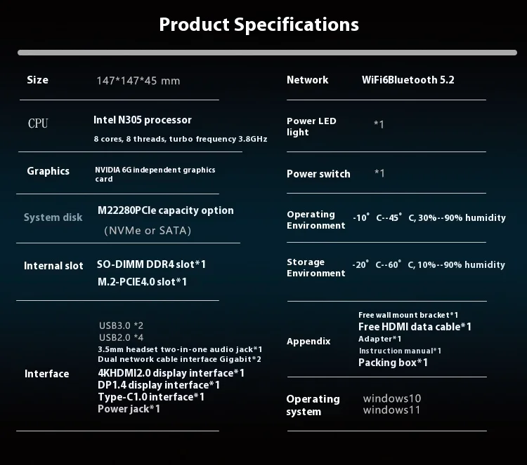 SZBOX Super NVIDIA 6G كمبيوتر صغير Intel N305 DDR4 3200M M.2 2280 NVMe/SATA SSD USB3.0*2 Wifi6 BT5.2 Windows 11 Gamer كمبيوتر مكتبي #5