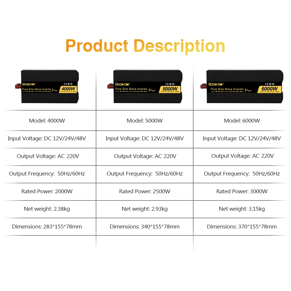RDDSPON -inversores de onda sinusoidal pura, convertidores de voltaje, enchufe doble europeo, cc 12V, 24V, 48V a CA 110V, 220V, 50Hz, 60Hz, 4000W